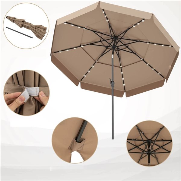 Costway 10-ft Brown Solar Patio Umbrella with 32 LED Lights, 3-Tier Vented Top & Ruffles