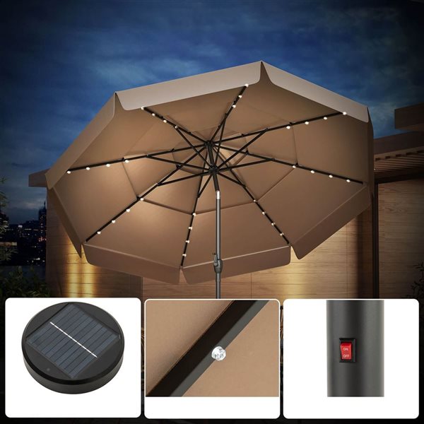 Costway 10-ft Brown Solar Patio Umbrella with 32 LED Lights, 3-Tier Vented Top & Ruffles