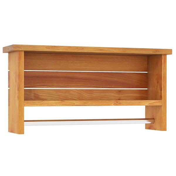 Costway 2-Tier Solid Teak Wood Bathroom Shelf with Stainless Steel Towel Bar