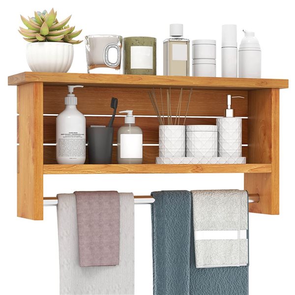 Costway 2-Tier Solid Teak Wood Bathroom Shelf with Stainless Steel Towel Bar