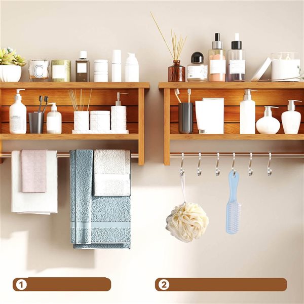 Costway 2-Tier Solid Teak Wood Bathroom Shelf with Stainless Steel Towel Bar