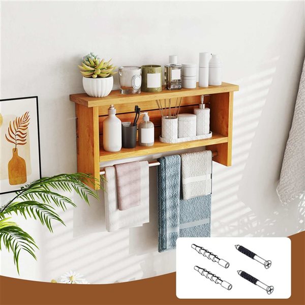 Costway 2-Tier Solid Teak Wood Bathroom Shelf with Stainless Steel Towel Bar