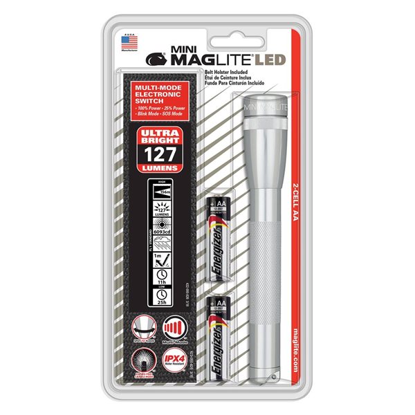 Maglite LED Flashlight w/ Belt Holster and 2x AA Batteries - Silver