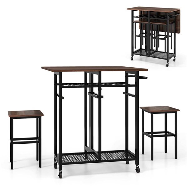 Costway 3-Piece Brown Wood Extending Rolling Dining Table Set