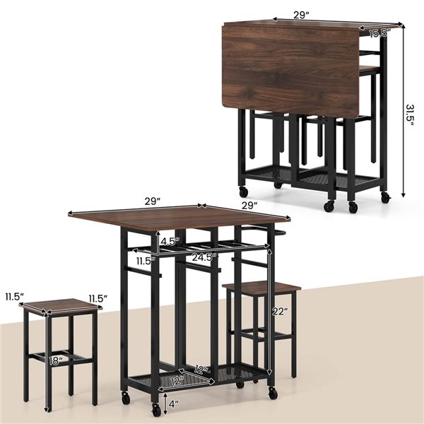 Costway 3-Piece Brown Wood Extending Rolling Dining Table Set
