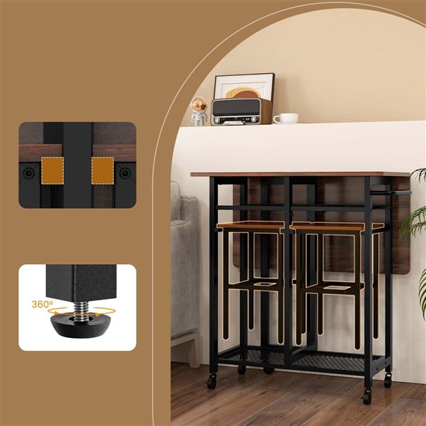 Costway 3-Piece Brown Wood Extending Rolling Dining Table Set