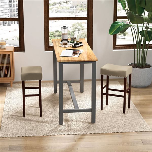 Costway Set of 2 Beige Saddle Bar Stools with Wooden Legs