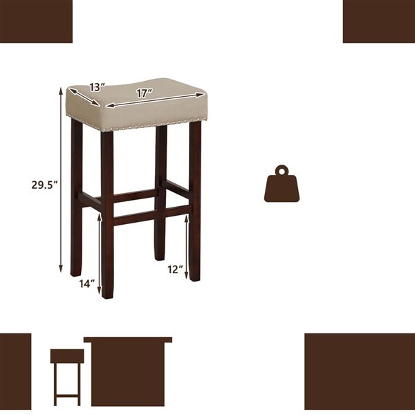 Costway Set of 2 Beige Saddle Bar Stools with Wooden Legs