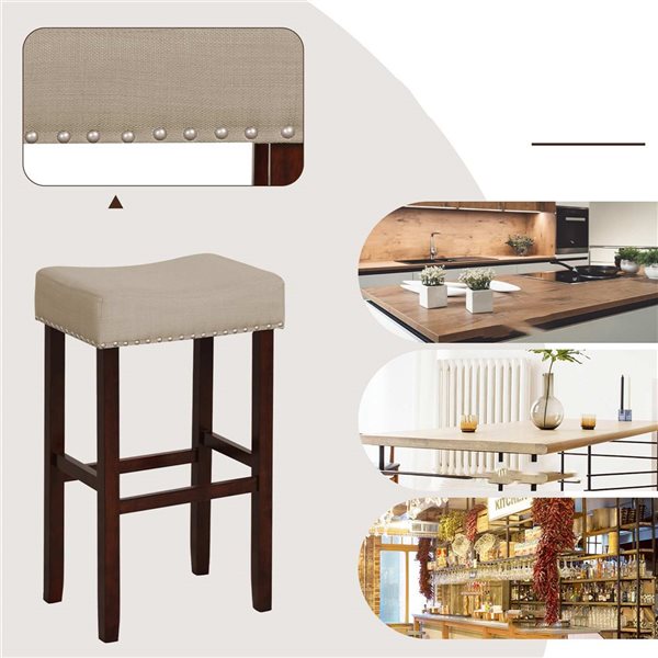 Costway Set of 2 Beige Saddle Bar Stools with Wooden Legs