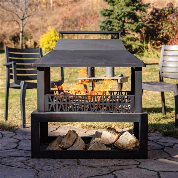 Sunnydaze Decor 32-in Steel Outdoor Fireplace w/ Log Storage - Brushed Bronze