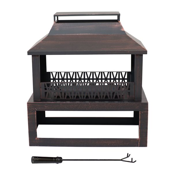 Sunnydaze Decor 32-in Steel Outdoor Fireplace w/ Log Storage - Brushed Bronze