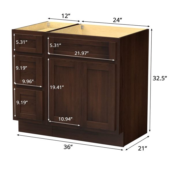 Vanity Art 36 x 21 x 32.5-in Freestanding Bath Vanity Oak Cabinet without Top - Brown
