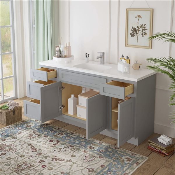 Vanity Art 66 x 21 x 32.5-in Freestanding 4-Drawer Bath Vanity Oak Cabinet without Top - Grey