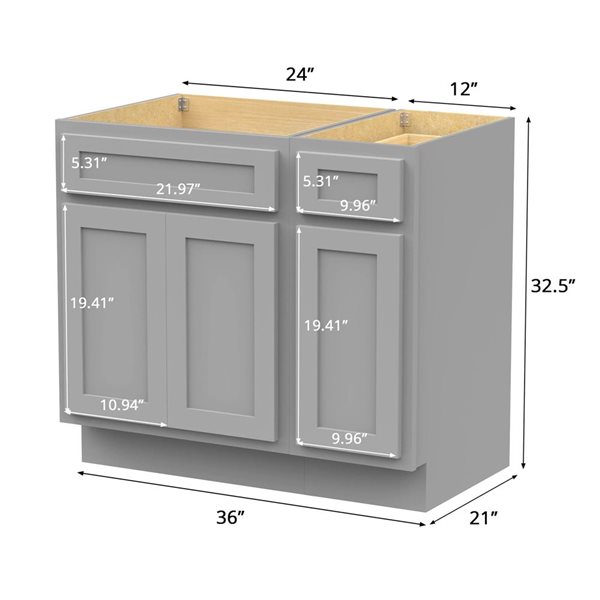 Vanity Art 36 x 21 x 32.5-in Freestanding 1-Drawer Bath Vanity Oak Cabinet without Top - Grey