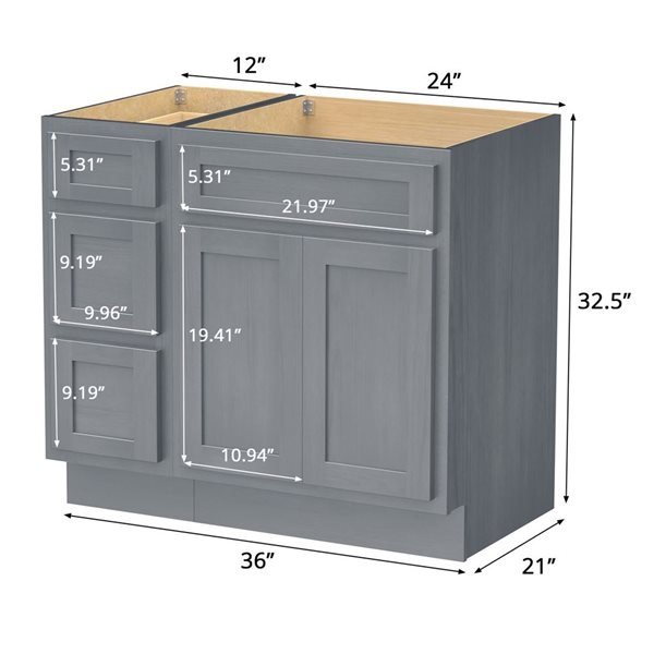 Vanity Art 36 x 21 x 32.5-in Freestanding Bath Vanity Oak Cabinet without Top - Silver