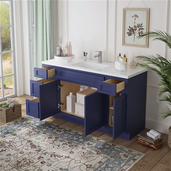 Vanity Art 57 x 21 x 32.5-in Freestanding 4-Drawer Bath Vanity Oak Cabinet without Top - Blue