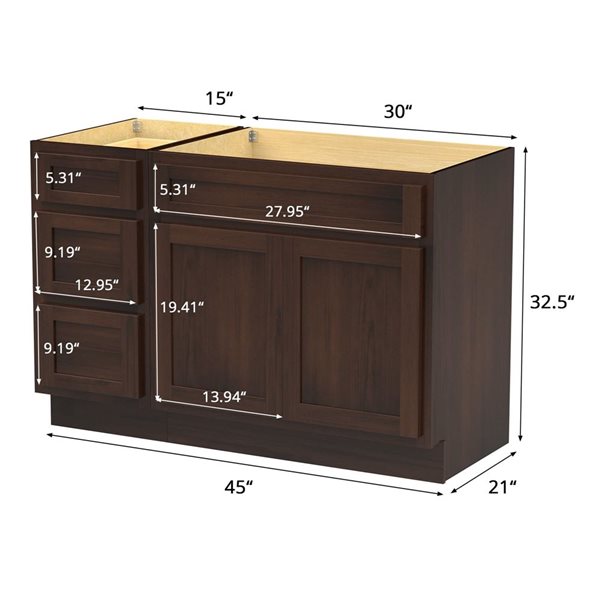 Vanity Art 45 x 21 x 32.5-in Freestanding Bath Vanity Oak Cabinet without Top - Brown