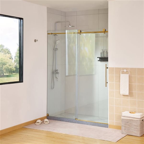 Vanity Art 56–60-in W x 76-in H Frameless Sliding Shower Door w/ 8-mm Shatterproof Glass - Gold