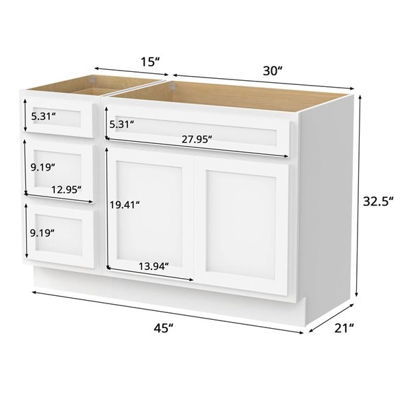 Vanity Art 45-in W x 21-in D x 32.5-in H 3-Drawer Bathroom Vanity w/o Top - White