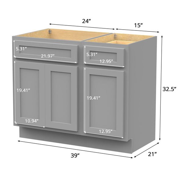 Vanity Art 39-in W x 21-in D x 32.5-in H 3-Drawer Bathroom Vanity w/o Top - Grey