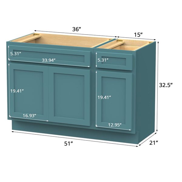 Vanity Art 51 x 21 x 32.5-in Freestanding Bath Vanity Oak Cabinet without Top - Sea Green