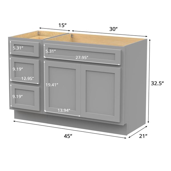 Vanity Art 45-in W x 21-in D x 32.5-in H 3-Drawer Bathroom Vanity w/o Top - Grey