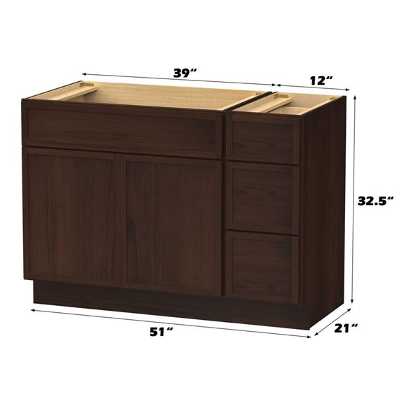 Vanity Art 51-in W x 21-in D x 32.5-in H 3-Drawer Bathroom Vanity w/o Top - Brown