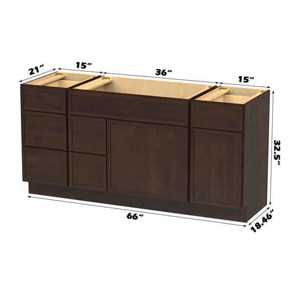Vanity Art 66-in W x 21-in D x 32.5-in Freestanding 2-Left-Drawer Bath Vanity Birch Cabinet without Top - Brown