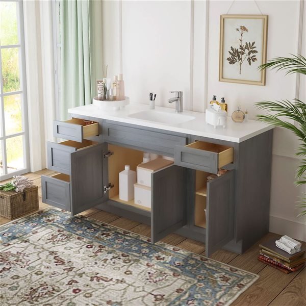 Vanity Art 63-in W x 21-in D x 32.5-in Freestanding 4-Drawer Bath Vanity Oak Cabinet without Top - Silver