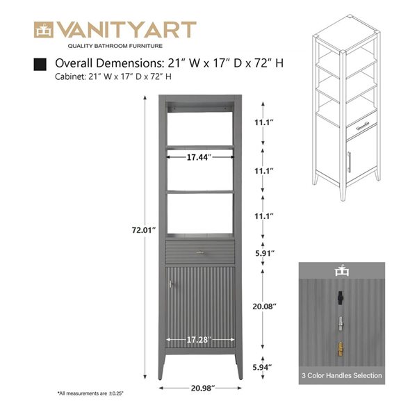 Vanity Art 21-in W x 17-in D x 72-in H Linear Grey Freestanding Linen Cabinet - Brushed Nickel Handle Finish
