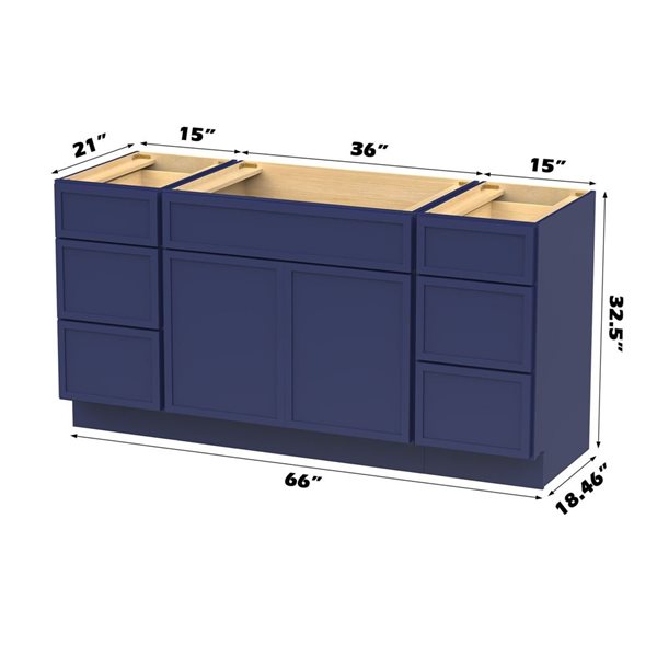 Vanity Art 66-in W x 21-in D x 32.5-in Freestanding Bath Vanity Birch Cabinet without Top - Blue