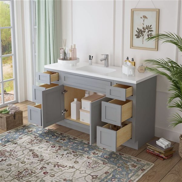 Vanity Art 54-in W x 21-in D x 32.5-in Freestanding 6-Drawer Bath Vanity Base Oak Cabinet without Top - Grey