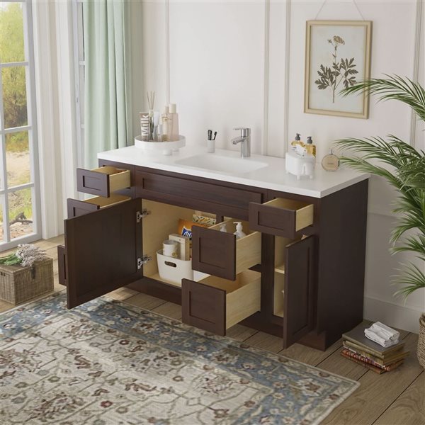 Vanity Art 60-in W x 21-in D x 32.5-in Freestanding 4-Drawer Bath Vanity Base Oak Cabinet without Top - Brown