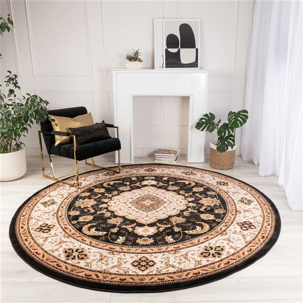 Front Facing Rug Rug Branch Majestic 8‑ft Round Black Oriental Indoor Traditional Area ...