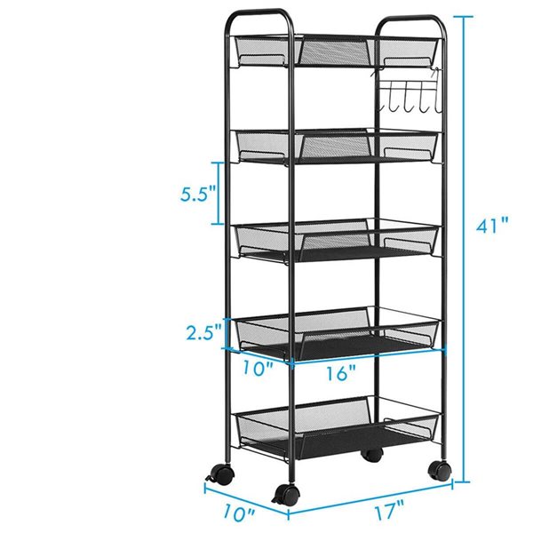 Costway 5-Tier Mesh File Utility Cart for Home Office or Kitchen - Black