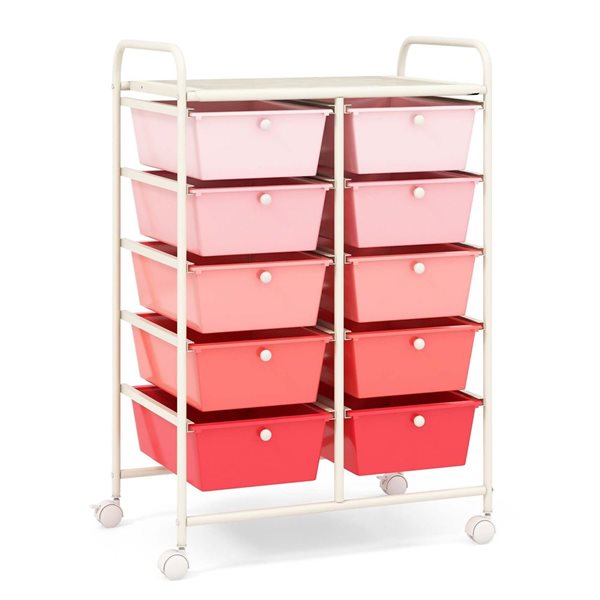 Costway Rolling Metal Ultility Cart w/ 10 Drawers - Pink