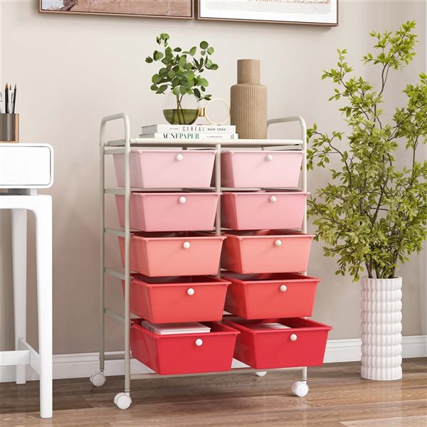 Costway Rolling Metal Ultility Cart w/ 10 Drawers - Pink