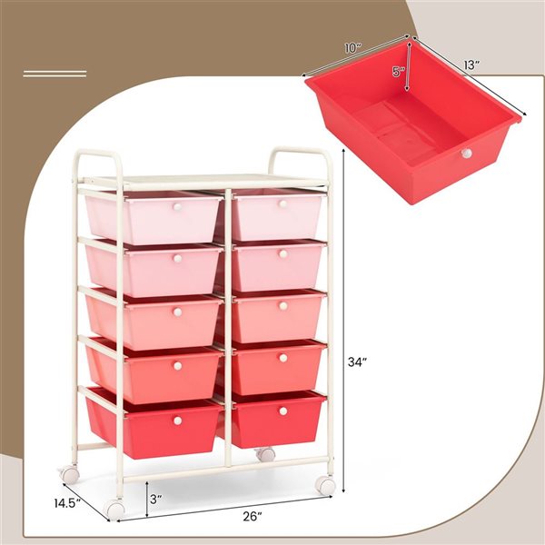 Costway Rolling Metal Ultility Cart w/ 10 Drawers - Pink