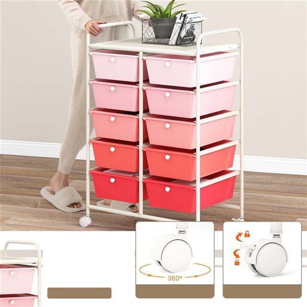 Costway Rolling Metal Ultility Cart w/ 10 Drawers - Pink