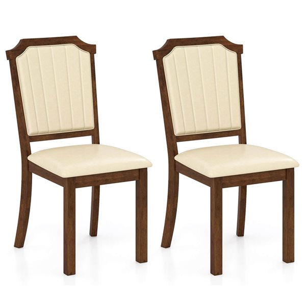 Set of 2 Costway Dining Chairs w/ Rubberwood Frame and PU Leather Set - Brown/Beige