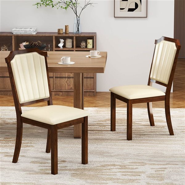 Set of 2 Costway Dining Chairs w/ Rubberwood Frame and PU Leather Set - Brown/Beige