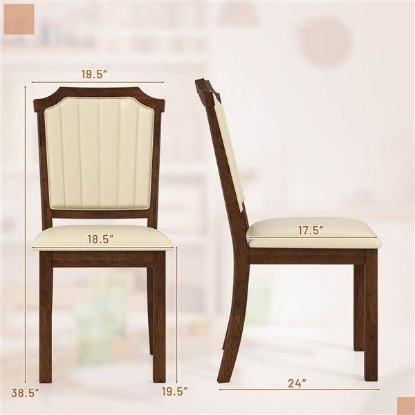 Set of 2 Costway Dining Chairs w/ Rubberwood Frame and PU Leather Set - Brown/Beige