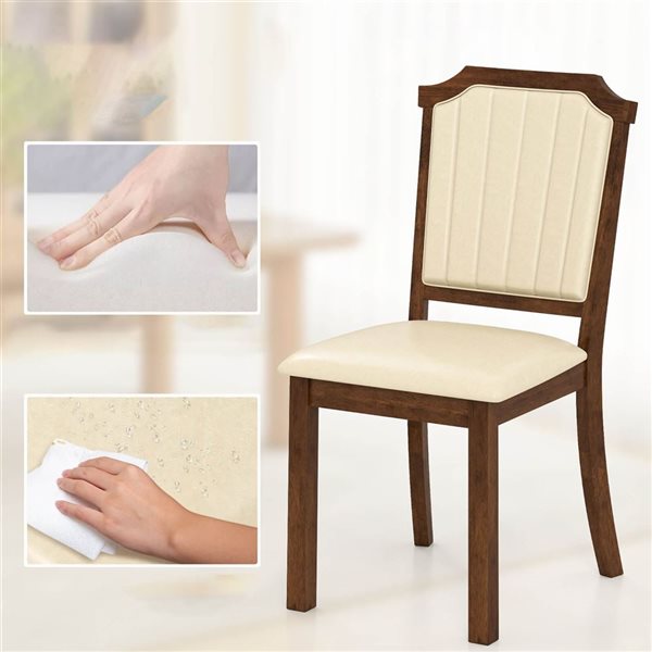 Set of 2 Costway Dining Chairs w/ Rubberwood Frame and PU Leather Set - Brown/Beige