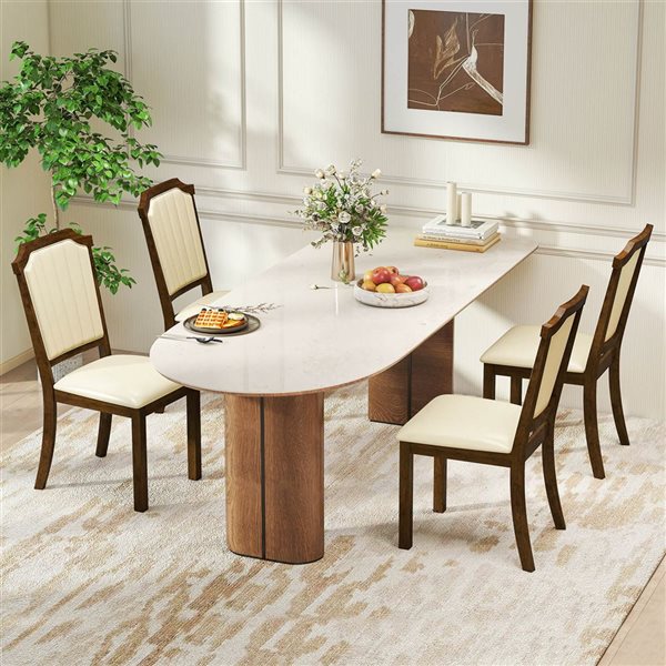 Set of 2 Costway Dining Chairs w/ Rubberwood Frame and PU Leather Set - Brown/Beige