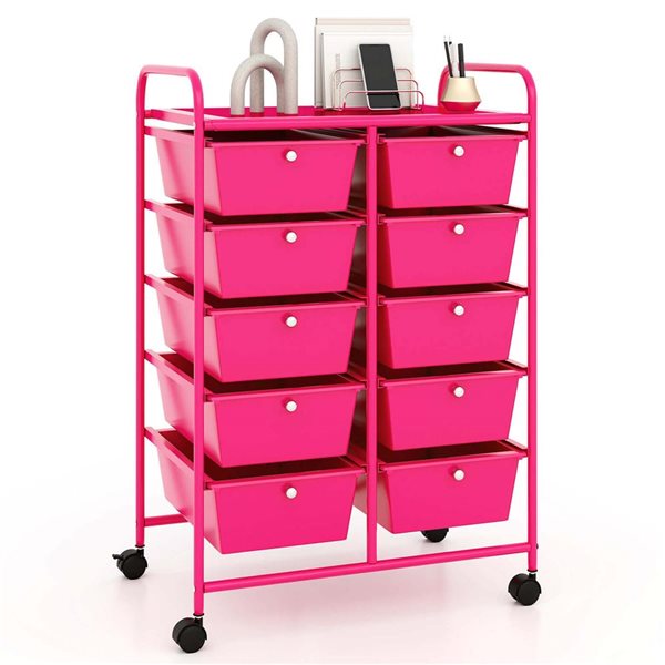 Costway Rolling Metal Ultility Cart w/ 10 Drawers - Hot Pink