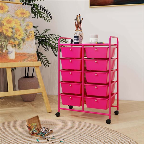 Costway Rolling Metal Ultility Cart w/ 10 Drawers - Hot Pink