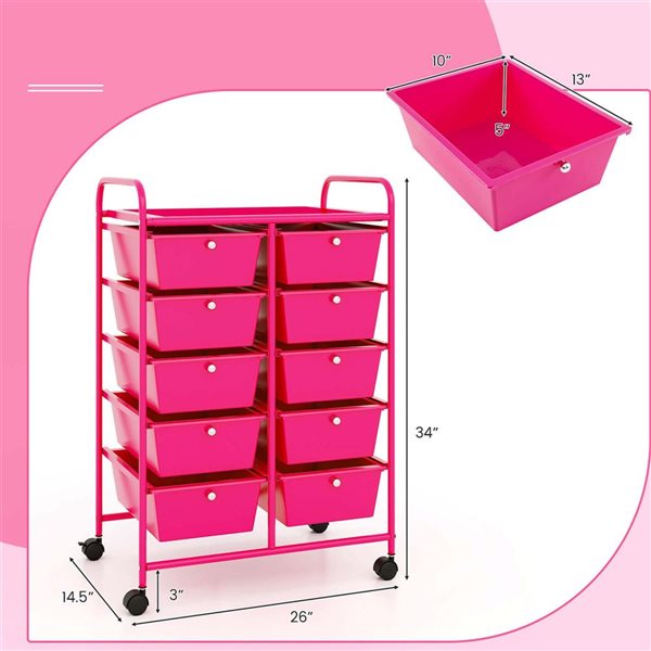 Costway Rolling Metal Ultility Cart w/ 10 Drawers - Hot Pink