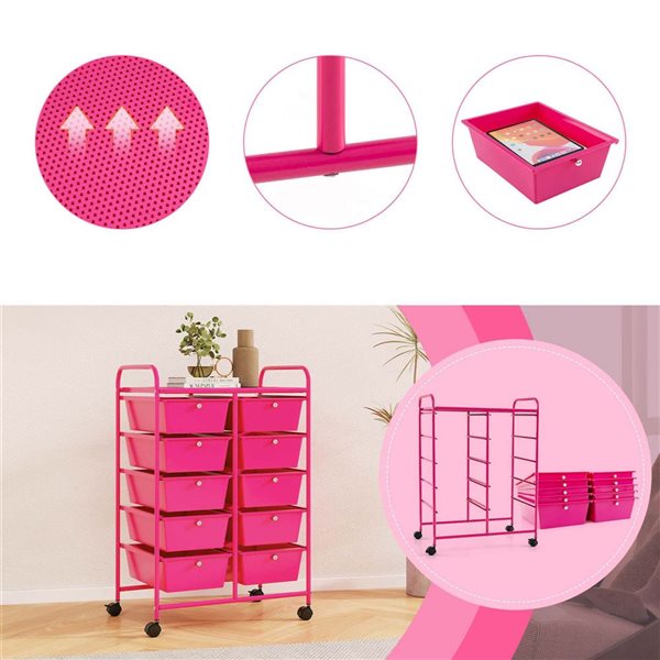 Costway Rolling Metal Ultility Cart w/ 10 Drawers - Hot Pink