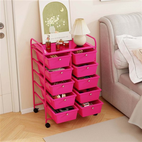Costway Rolling Metal Ultility Cart w/ 10 Drawers - Hot Pink