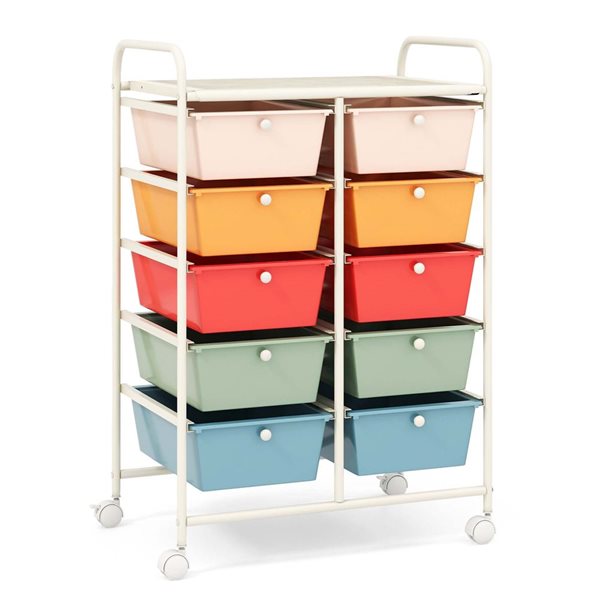 Costway Rolling Metal Ultility Cart w/ 10 Drawers and White Frame - Multicolour